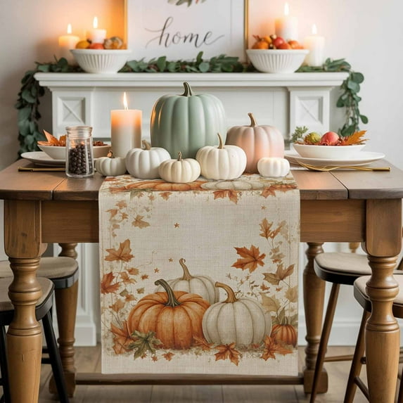 Fall Pumpkin Cotton Linen Table Runner, Washable Table Runners for Kitchen, Dining Room, Holiday, Home Party Table Decor, 13x108 Inches