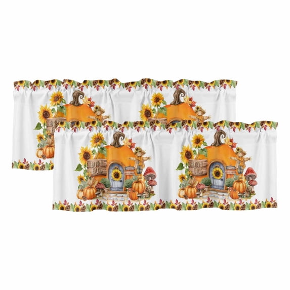 Fall Pumpkin Curtain Valances for Windows, Kitchen Valance Window Treatments Panel 2 Pack, Thanksgiving Sunflowers Rustic Pine Cone Rod Pocket Short Curtains for Bathroom Bedroom 42 x 18 Inch