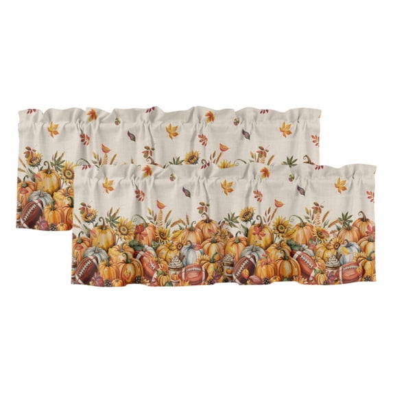 Fall Pumpkin Curtain Valances for Windows, Kitchen Valance Window Treatments Panel 2 Pack, Vintage Rugby Pumpkin Sunflower Maple Leaf Rod Pocket Short Curtains for Bathroom Bedroom 54 x 18 Inch