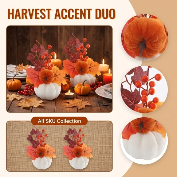 Fall Pumpkin Decor, 2 Pcs Artificial Red Berry Maple Leaf Pumpkin Tabletop Display, 8X4 Inch Fall Decor Pumpkins for Autumn Indoor Entryway Shelf Coffee Table, Fall Decorations