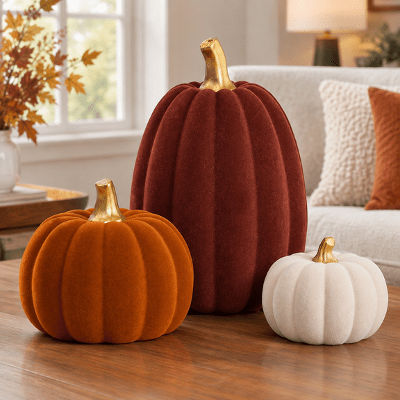 Fall Pumpkin Decor, Artificial Flocked Pumpkin for Home Table