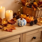 Fall Pumpkin Decor, Ceramic Blue and White Pumpkin Figurine, Chinoiserie Floral Pattern, Rustic Farmhouse Thanksgiving Tabletop Centerpiece for Home