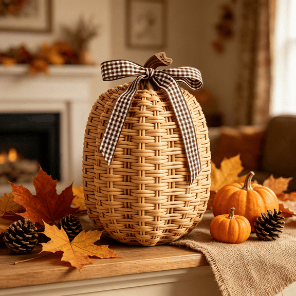 Fall Pumpkin Decor, Fall Decorations For Home, Pumpkin Decor, Wicker Pumpkins Line, Rustic Harvest Collection, Resin Rattanesque Craft With Plaid Accent, For Fall Home Decor Indoor, 1 Count, Khaki