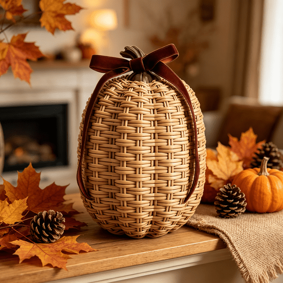Fall Pumpkin Decor, Fall Decorations For Home, Pumpkin Decor, Wicker Pumpkins Line, Rustic Harvest Collection, Resin Rattanesque Craft With Plaid Accent, For Fall Home Decor Indoor, 1 Count, Brown
