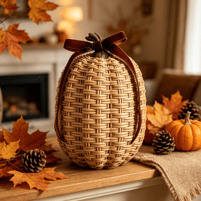 Fall Pumpkin Decor, Fall Decorations For Home, Pumpkin Decor, Wicker Pumpkins Line, Rustic Harvest Collection, Resin Rattanesque Craft With Plaid Accent, For Fall Home Decor Indoor, 1 Count, Brown