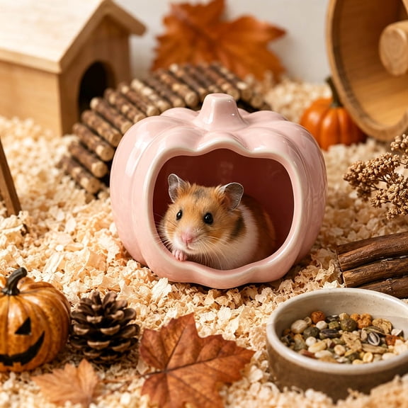 Fall Pumpkin Decor Glazed Ceramic Hamster Hideout, Cool Heavy-Duty Small Pet Shelter for Rabbit Mice Gerbil, Reptile & Amphibian Habitat Hideouts