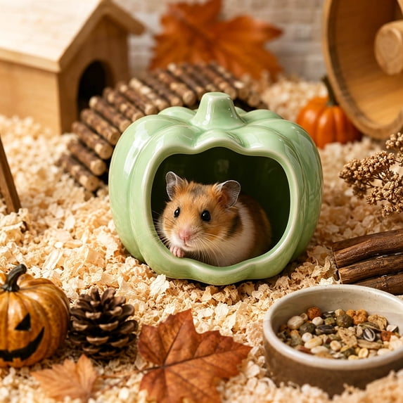 Fall Pumpkin Decor Glazed Ceramic Hamster Hideout, Cool Heavy-Duty Small Pet Shelter for Rabbit Mice Gerbil, Reptile & Amphibian Habitat Hideouts