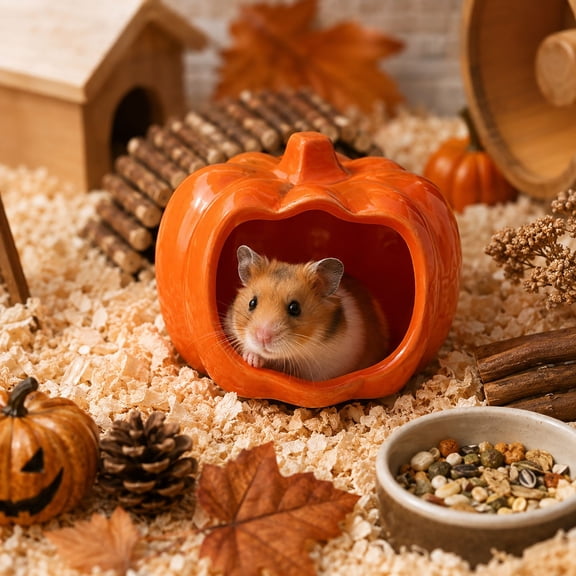 Fall Pumpkin Decor Glazed Ceramic Hamster Hideout, Cool Heavy-Duty Small Pet Shelter for Rabbit Mice Gerbil, Reptile & Amphibian Habitat Hideouts
