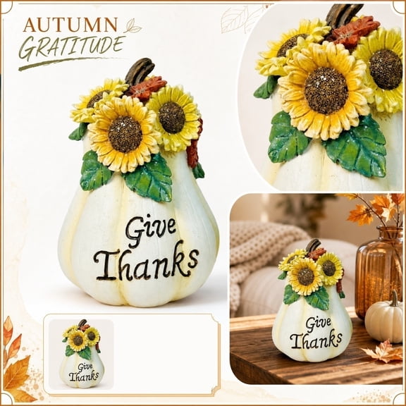 Fall Pumpkin Decor, Pumpkin Decorations for Home, Ceramic Pumpkin, Sunflower Decorations for Home, 6X8 Inch Give Thanks Resin Craft for Thanksgiving Autumn Home Accents