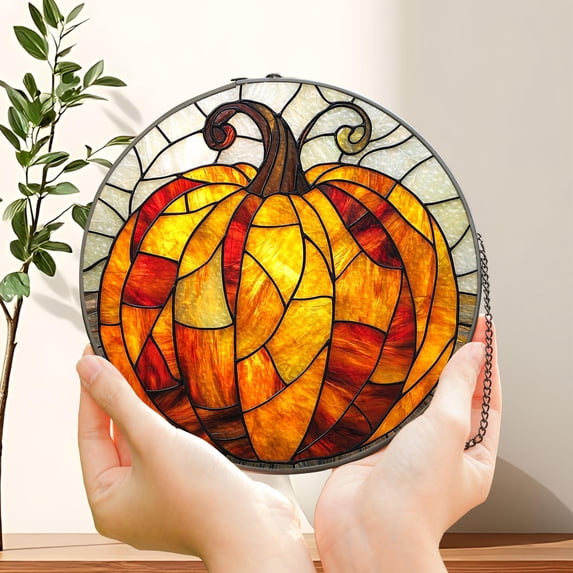 Fall Pumpkin Decor Stained Glass Window Suncatcher, Pumpkin Fall Vibes Window Hanging, Charming Pumpkin Suncatcher, Fall Suncatcher Decor