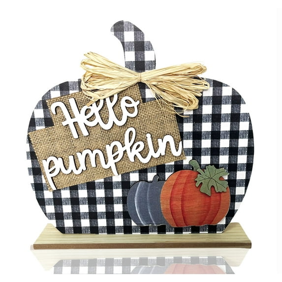Fall Pumpkin Decorations Thanksgiving Autumn Farmhouse Wooden Buffalo Plaid Tabletop Decor for Home Fire Place