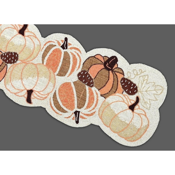 Fall Pumpkin Design Table Runner, Burlap Beaded Table Topper, Halloween Tableware 13X36 Inches