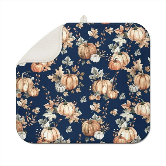 Fall Pumpkin Dish Drying Mat for Kitchen Autumn Maple Leaves Thanksgiving Day Microfiber Drying Mats Absorbent Reversible Dish Pad Medium Dish Draining Mat 16x18 inch