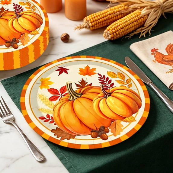 Fall Pumpkin Disposable Tableware, Autumn Harvest Themed Paper Plates Cups Napkins Kit, Orange Maple Leaf Disposable Dinnerware for Thanksgiving Farmhouse Indoor Party Table Supplies