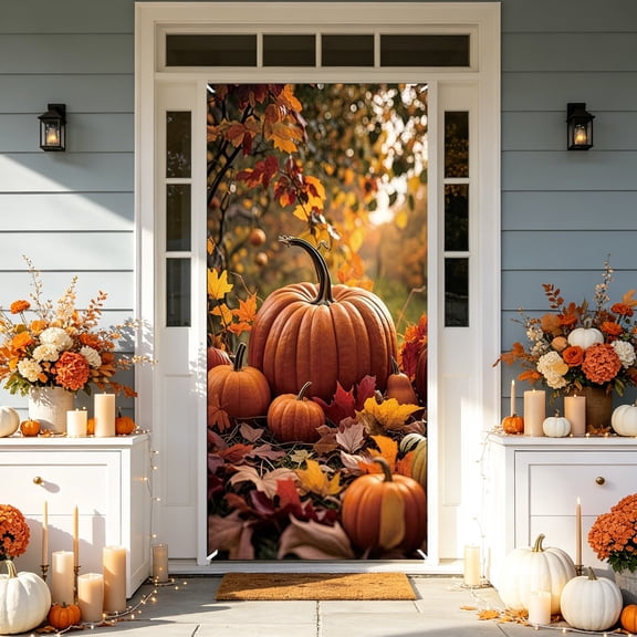 Fall Pumpkin Door Cover, 180 x 90 cm, Autumn Woodland Harvest Scene Print, Seasonal Fabric Decoration for Entryways and Celebrations