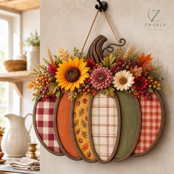 Fall Pumpkin Door Hanger Wooden Plaid Pumpkin Wreath Rustic Farmhouse Autumn Front Porch Decor