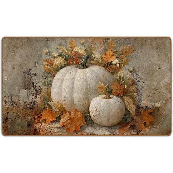 Fall Pumpkin Door Mat, Autumn Leaves Welcome Mat, Seasonal Vintage Autumn Front Door Mat Indoor Outside Entrance, Fall Gifts for Women, FallPorch White Pumpking Home Decor Doormats 17X29 Inch