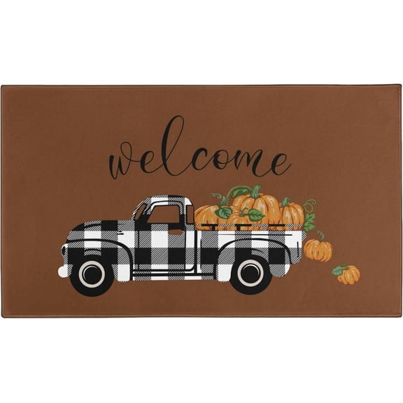 Fall Pumpkin Door Mat Outside,Truck Loaded Pumpkins Welcome Mat for Front Door,Thanksgiving Autumn Indoor Outdoor Non-Slip Rugs,Fall Doormat for Farmhouse Home Porch Decorations 30" x 17"