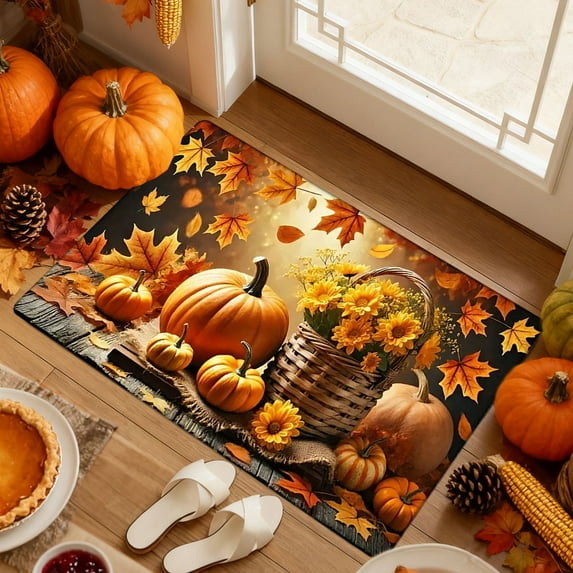 Fall Pumpkin Doormat, Halloween Thanksgiving Non-Slip Entrance Mat, Seasonal Decor for Front Door Porch Kitchen Bathroom, Washable Floor Mat(C)
