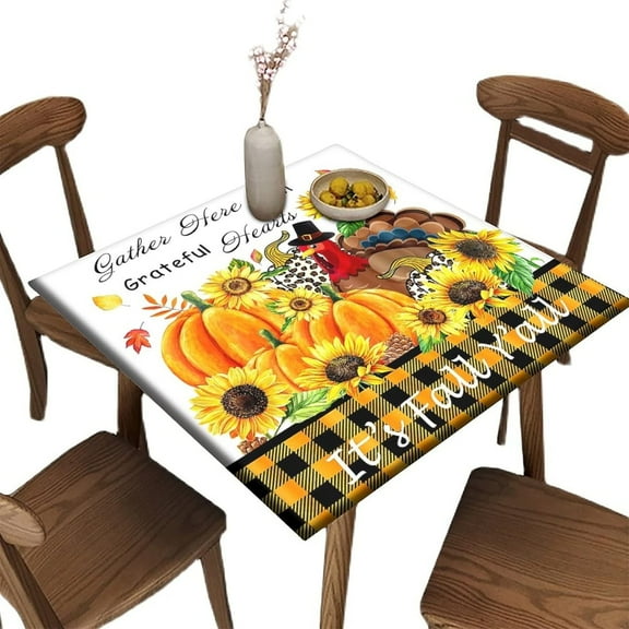 Fall Pumpkin Elastic Edged Square Tablecloth, Turkey Sunflower Washable Spill Proof Table Cloth, for Indoor Restaurant or Outdoor Patio Py Dining, Fit 34'''' x 34''''Square