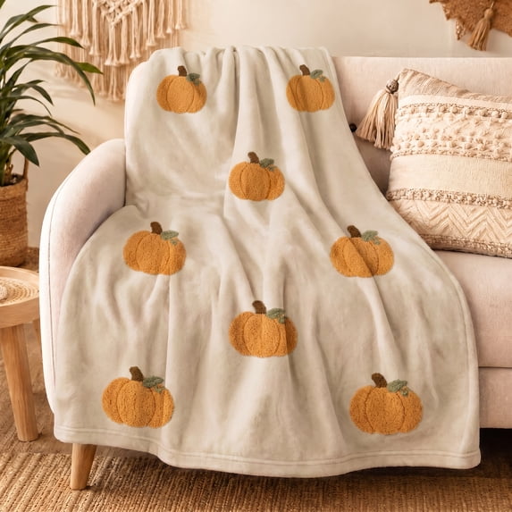 Fall Pumpkin Embroidered Throw Blanket, Cream Base Rustic Harvest Decorative Blanket, Soft Cozy Lightweight Throw for Sofa Couch Bed Living Room Thanksgiving Home Decor A