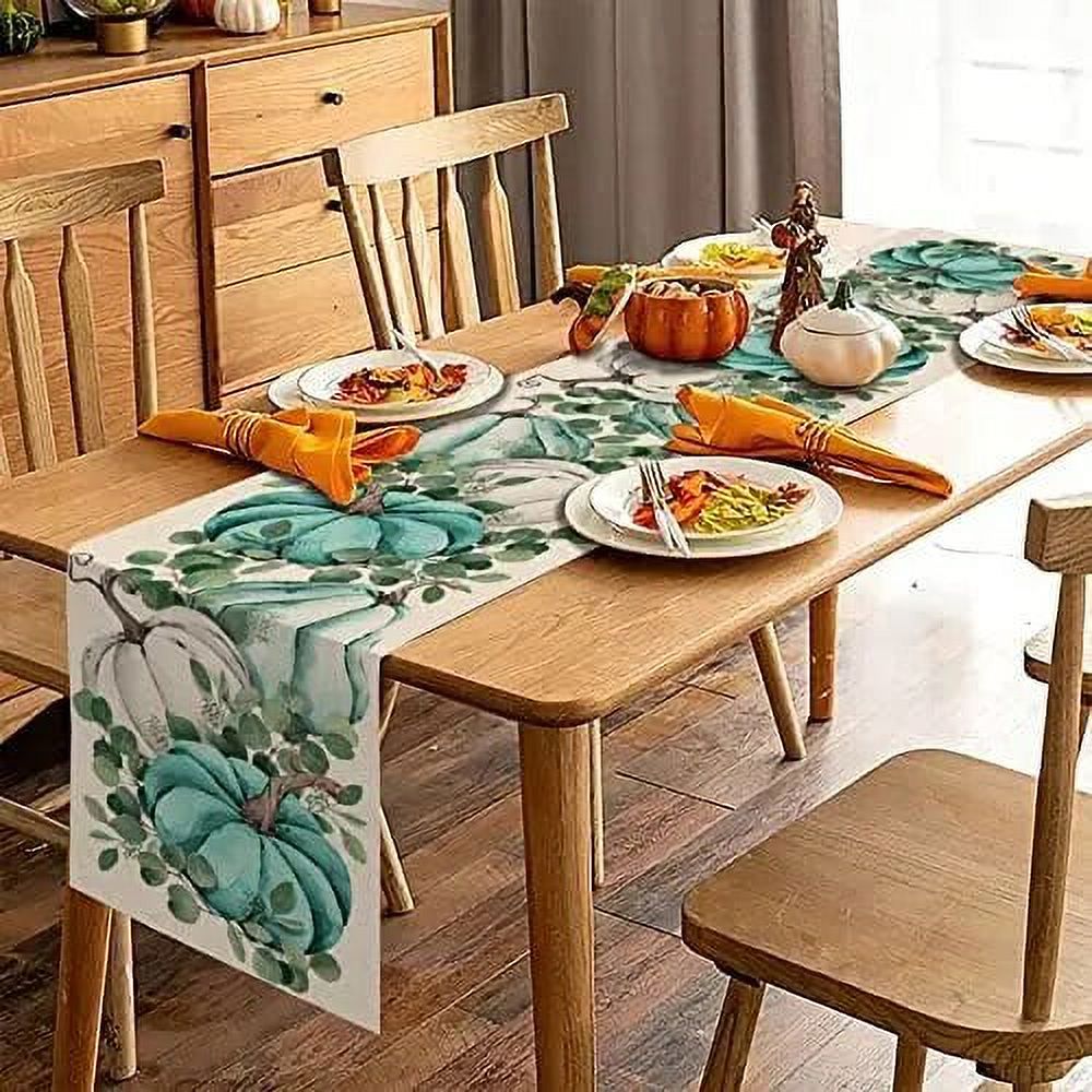 Fall Pumpkin Eucalyptus Leaves Linen Table Runner Thanksgiving ...
