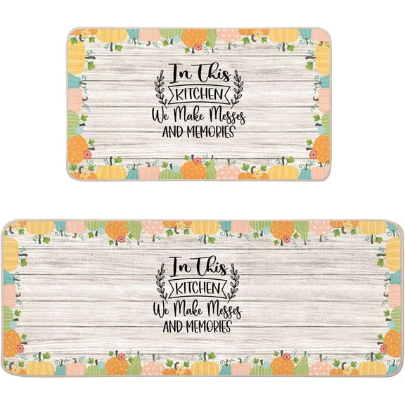 Fall Pumpkin Farmhouse Kitchen Mats Set of 2-17x29 and 17x47 Inch, Decorative Seasonal Autumn Harvest Thanksgiving Floor Rugs Non Slip for Home