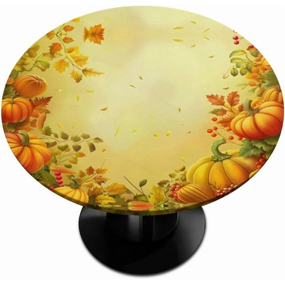 Fall Pumpkin Fitted Round Tablecloth Autumn Leaves Yellow Small Round Table Cover with Elastic Edge Wipeable Holiday Circle Table Cloths for Outdoor Party Patio Kitchen Decor Fit for 40"-44" Table