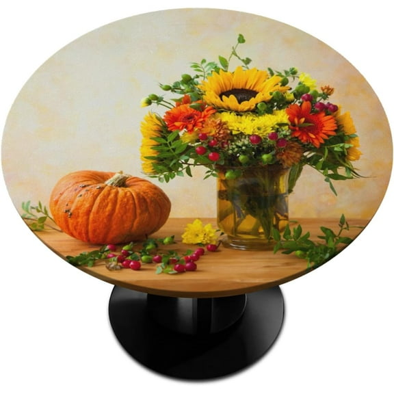 Fall Pumpkin Fitted Round Tablecloth Autumn Leaves Yellow Small Round Table Cover with Elastic Edge Wipeable Holiday Circle Table Cloths for Outdoor Party Patio Kitchen Decor Fit for 40"-44" Table
