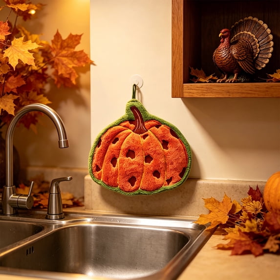 Fall Pumpkin Fleece Hand Towel,Thanksgiving Kitchen Decor Absorbent Quick Dry Wall Hanging Cleaning Cloth with Autumn Maple Print,Soft Polyester Wiping Towel for Bathroom Counter