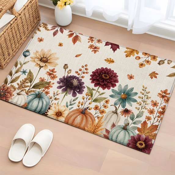 Fall Pumpkin Floral 2'x3' Washable Rug,Thanksgiving Maple Leaves Rustic Plants Non-Slip Doormat Area Rugs for Entrance Bathroom Bedsides,Front Doormat Carpet for Kitchen Bedroom,Entryway Floor Mat
