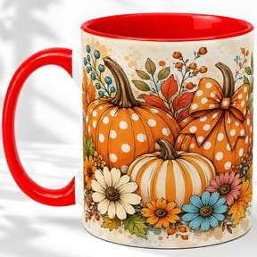 Fall Pumpkin Floral Accent Mug, 11oz Ceramic Coffee Cup for Fall Lovers Ceramic mug featuring dotted pumpkins, fall leaves, berries, and floral artwork