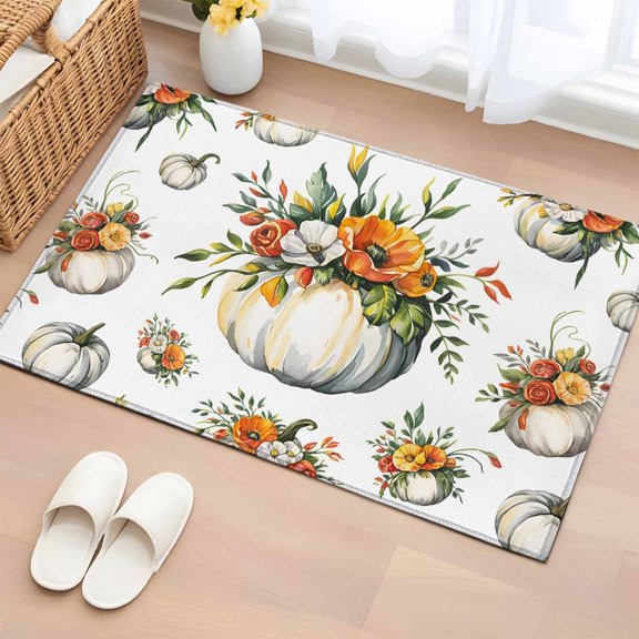 Fall Pumpkin Floral Bathroom Rug Washable 2x3 Entryway Rug Non Slip Thanksgiving Botanical Leaves Front Door Mat Low Pile Indoor Doormat Throw Floor Carpet for Kitchen Bedroom Entrance