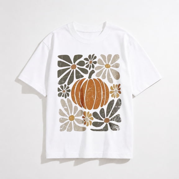 Fall Pumpkin Floral Graphic T-Shirt for Women, Vintage Autumn Short Sleeve Casual Shirt