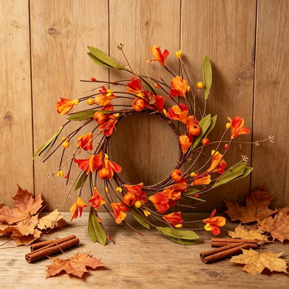 Fall Pumpkin Floral Wreath 12" Tabletop Candle Ring, Autumn Berry Mini Garland for Front Door Hanging Thanksgiving Home Dining Fireplace Decor