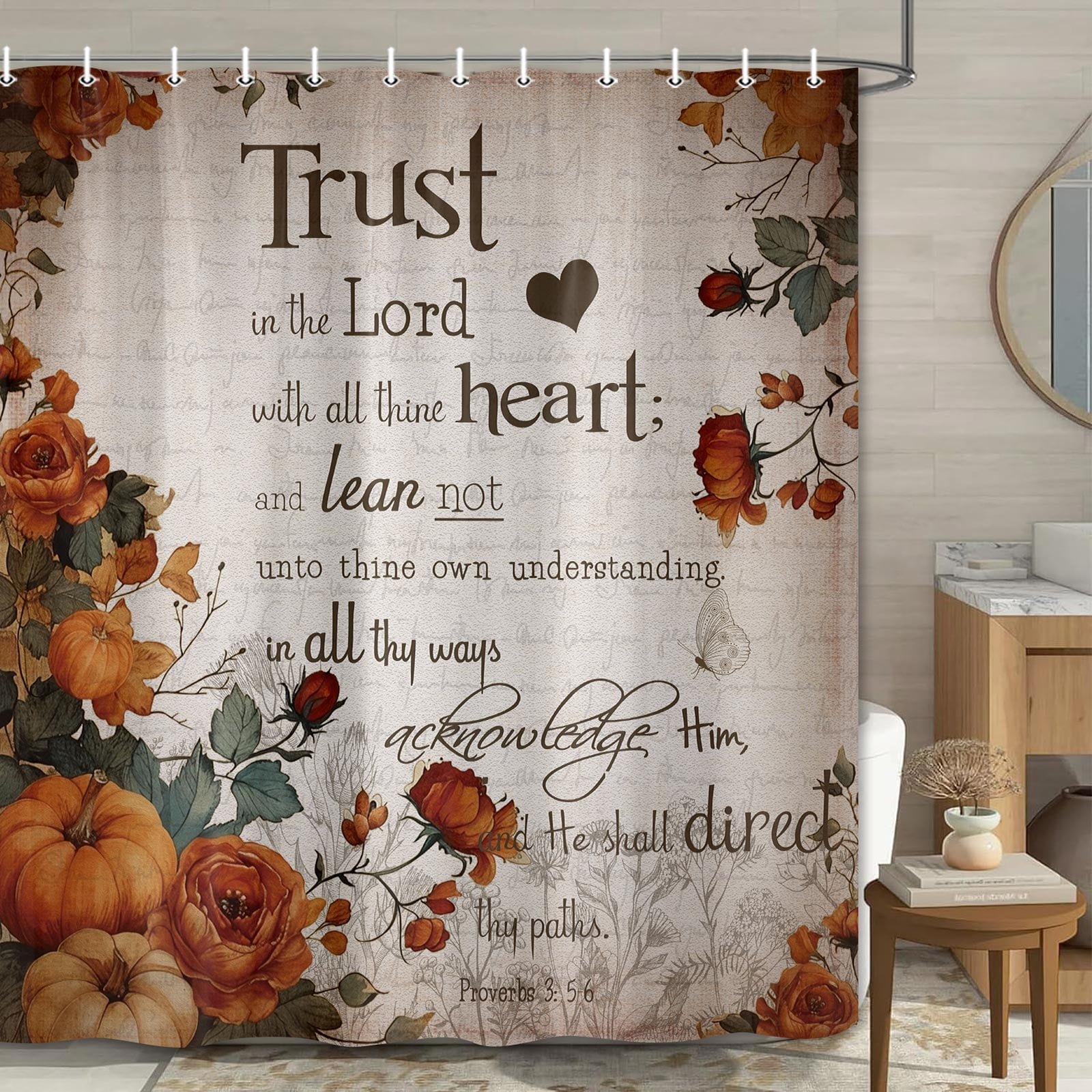 Fall Pumpkin Flower Shower Curtain, Autumn Thanksgiving Harvest Shower