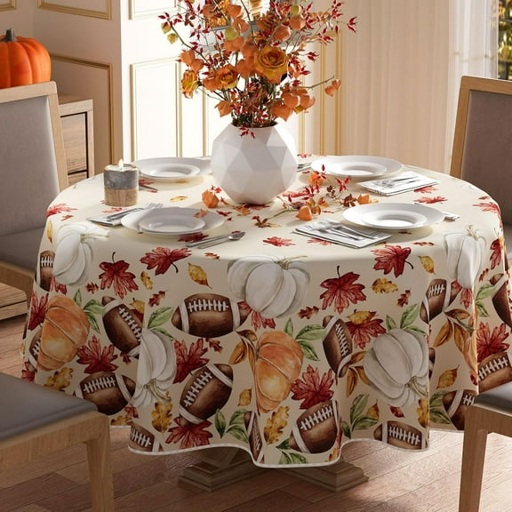 Fall Pumpkin Football Maple Leaves Tablecloth Round Washable Table Covers for Home Party Decorations 60x60 Inch