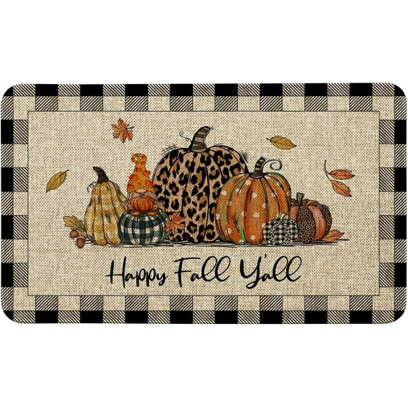 Fall Pumpkin Front Door Mat Decor, Fall Outdoor Welcome Mat, Autumn Happy Fall Y''all Doormat Outdoor Rug Indoor, 17" x 30"