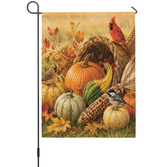 Fall Pumpkin Garden Flag 12 x 18 Inches, Cardinal Bird Pattern Wildlife Corn Maple Leaf Rustic Weather Proof Outdoor Patio Flags Double Sided Small Garden Decoration for Yard Outside Home