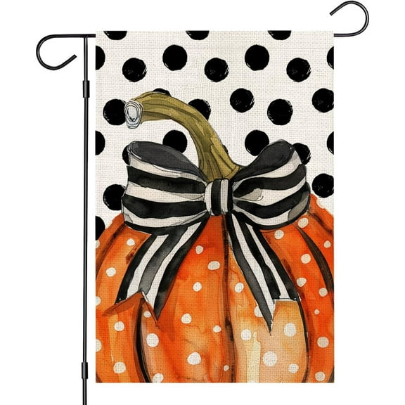 Fall Pumpkin Garden Flag 12x18 Inch Double Sided for Outside Polka Dot Small Burlap Autumn Holiday Yard Decoration Flag (White-NO.8)