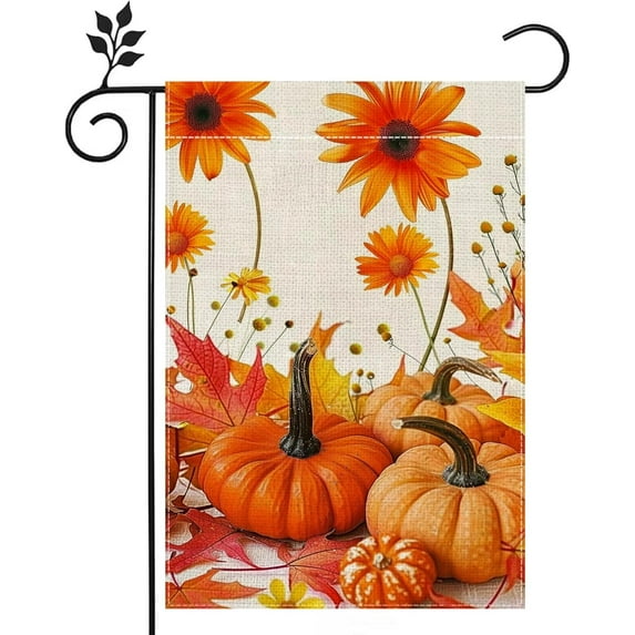Fall Pumpkin Garden Flag for Outside 12x18 Inch Double Sided Burlap Maple Leaf Sunflower Yard Flag Farmhouse Holiday Decorations for Home
