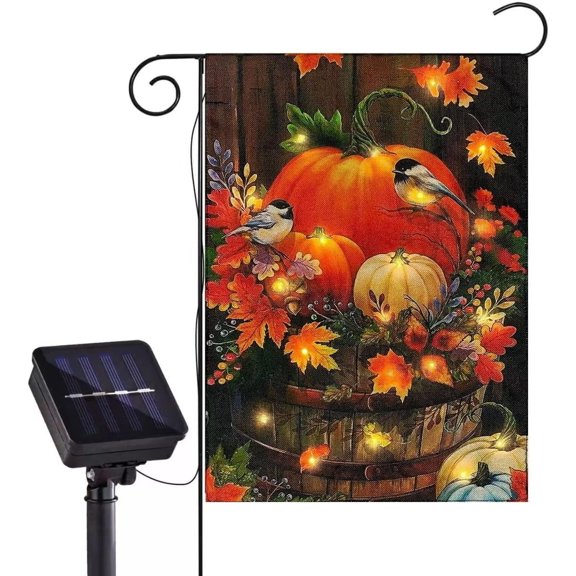 Fall Pumpkin Garden Flag with Solar Lights, Double Sided 12x18 Inch Burlap Banner for Outdoor Patio Lawn Yard Farmhouse Fall Decoration