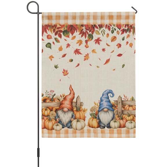 Fall Pumpkin Gnome Garden Flag 12 x 18 Inches, Thanksgiving Fallen Leaves Wooden Fence Weather Proof Outdoor Patio Flags Double Sided Small Garden Decoration for Yard Outside Home