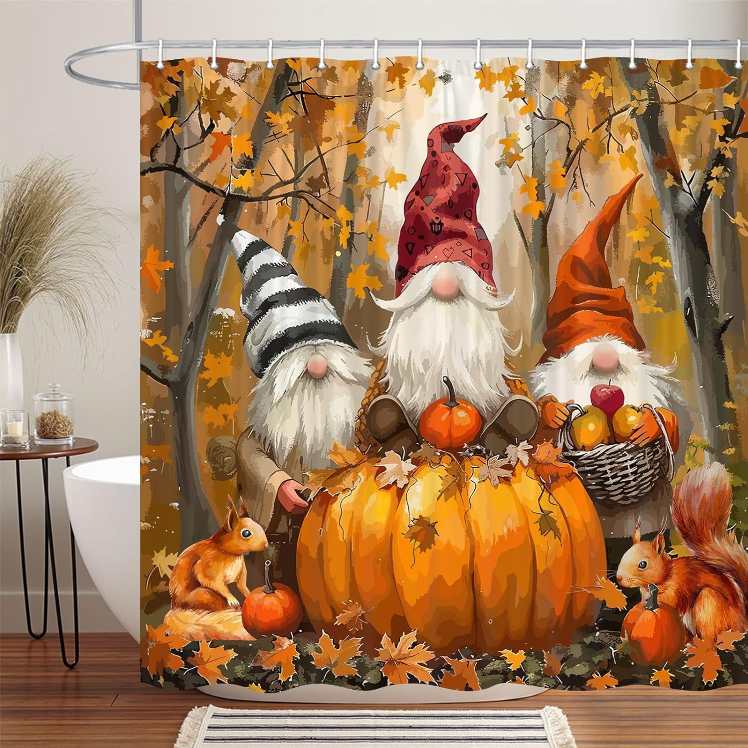 Fall Pumpkin Gnome Shower Curtain, Rustic Autumn Forest Maple Leaf Thanksgiving Harvest Seasonal Fabric Shower Curtain, Halloween Bathroom Curtain Decor Accessories with Hooks 70X70IN