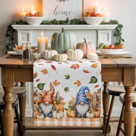 Fall Pumpkin Gnome Table Runner, Autumn Thanksgiving Kitchen Dining Table Decoration for Home Party Decor 13x72 Inches