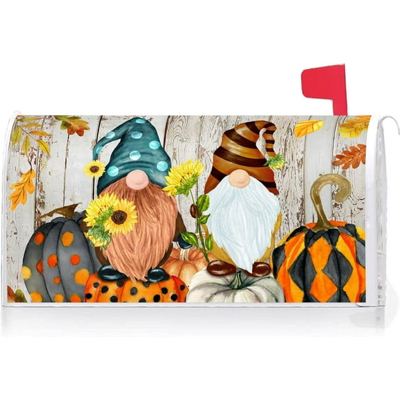 Fall Pumpkin Gnome Wood Board Decoration Mailbox Cover with Magnetic Strip Autumn Harvest Mailbox Wraps Post Letter Box Cover Standard Size 21" X 18" Garden Farm Outdoor Yard Decor