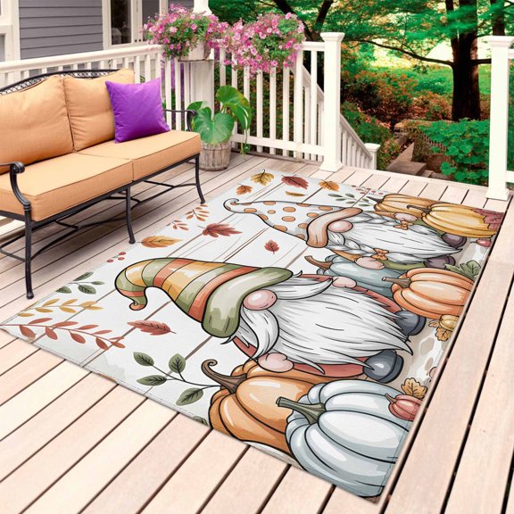 Fall Pumpkin Gnomes Outdoor Rug for Patio/Deck/Porch, Non-Slip Large Area Rug 5 x 7 Ft, Thanksgiving Autumn Leaves Farmhouse Wood Indoor Outdoor Rugs Washable Area Rugs, Camping Rug Carpet Runner
