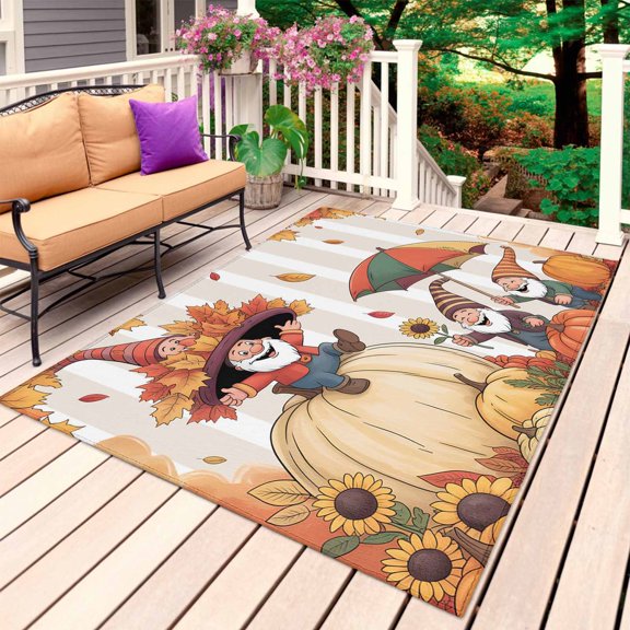 Fall Pumpkin Gnomes Outdoor Rug for Patio/Deck/Porch, Non-Slip Large Area Rug 5 x 8 Ft, Orange Maple Leaves Sunflowers Indoor Outdoor Rugs Washable Area Rugs, Reversible Camping Rug Carpet Runner