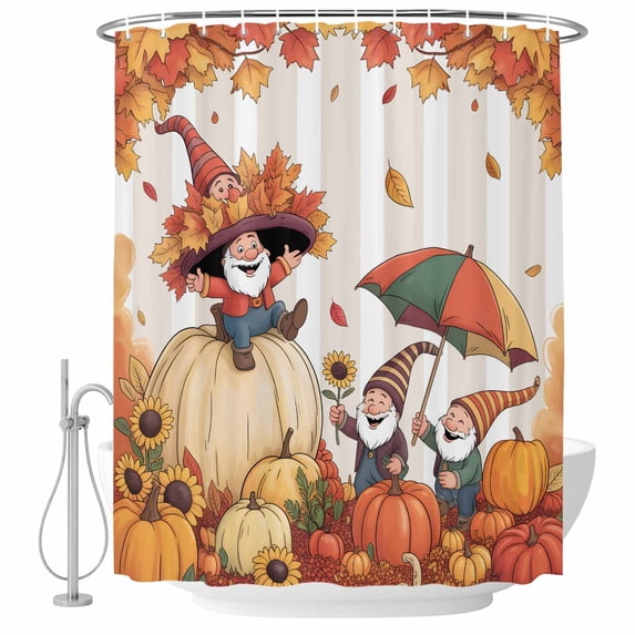 Fall Pumpkin Gnomes Shower Curtain, Waterproof Shower Curtains for Bathroom, Orange Maple Leaves Sunflowers Washable Fabric Bathtub Curtain Set Bath Decor with 12 Hooks Long 72"x84"