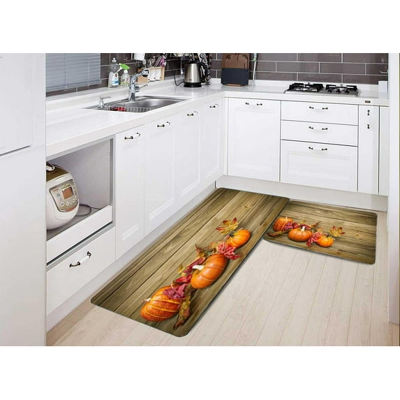 Fall Pumpkin Halloween Autumn Harvest Kitchen Rugs and Mats Kitchen Mat for Floor Non Skid Washable 2 Pieces 17X48+17X24 Inches